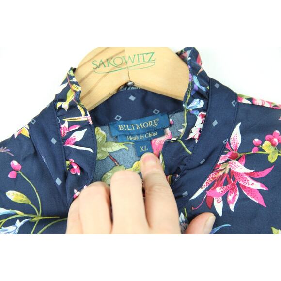Biltmore 2X Blouse Ruffle Floral Bird Maximalist Satin Twee Elegant Office - Picture 10 of 13